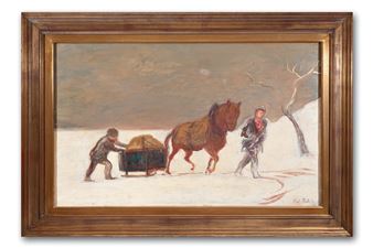 Zimní krajina se saňemi - oboustranný obraz - Vlastimil Rada