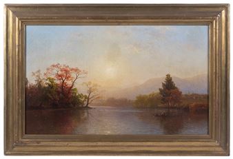 Hudson River Sunrise with man ferrying couple across to village church on opposite bank - Nathaniel J. Burchell