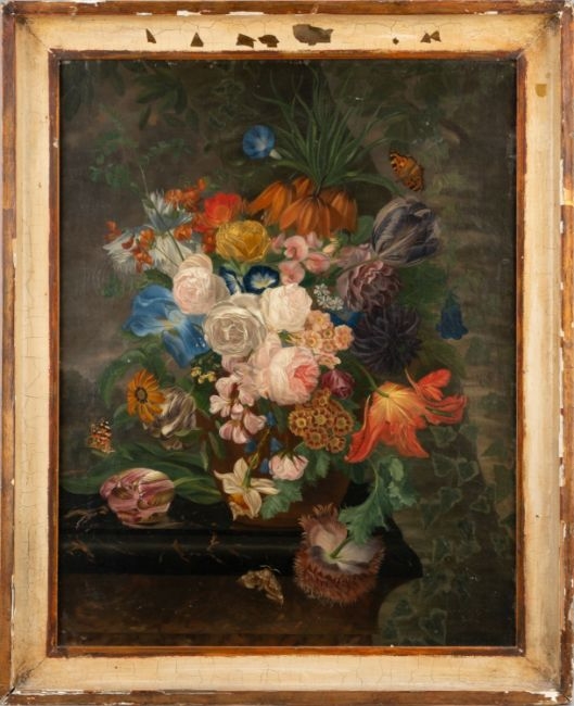 Artwork by Johann Kaspar Anton Dillenius, Blumenstillleben mit Faltern, Made of Öl/Lwd