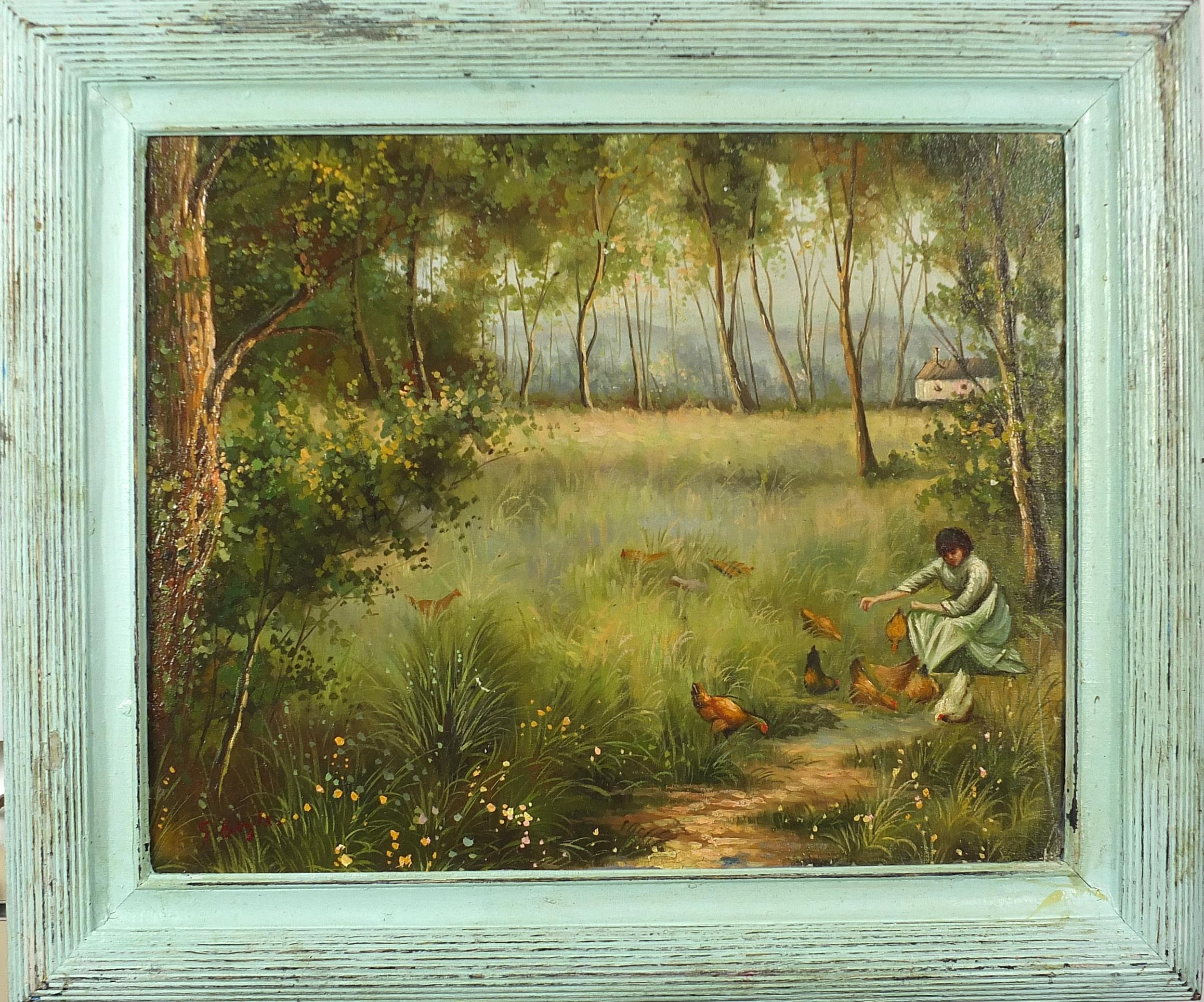George A. Boyle | Female feeding chickens before trees | MutualArt