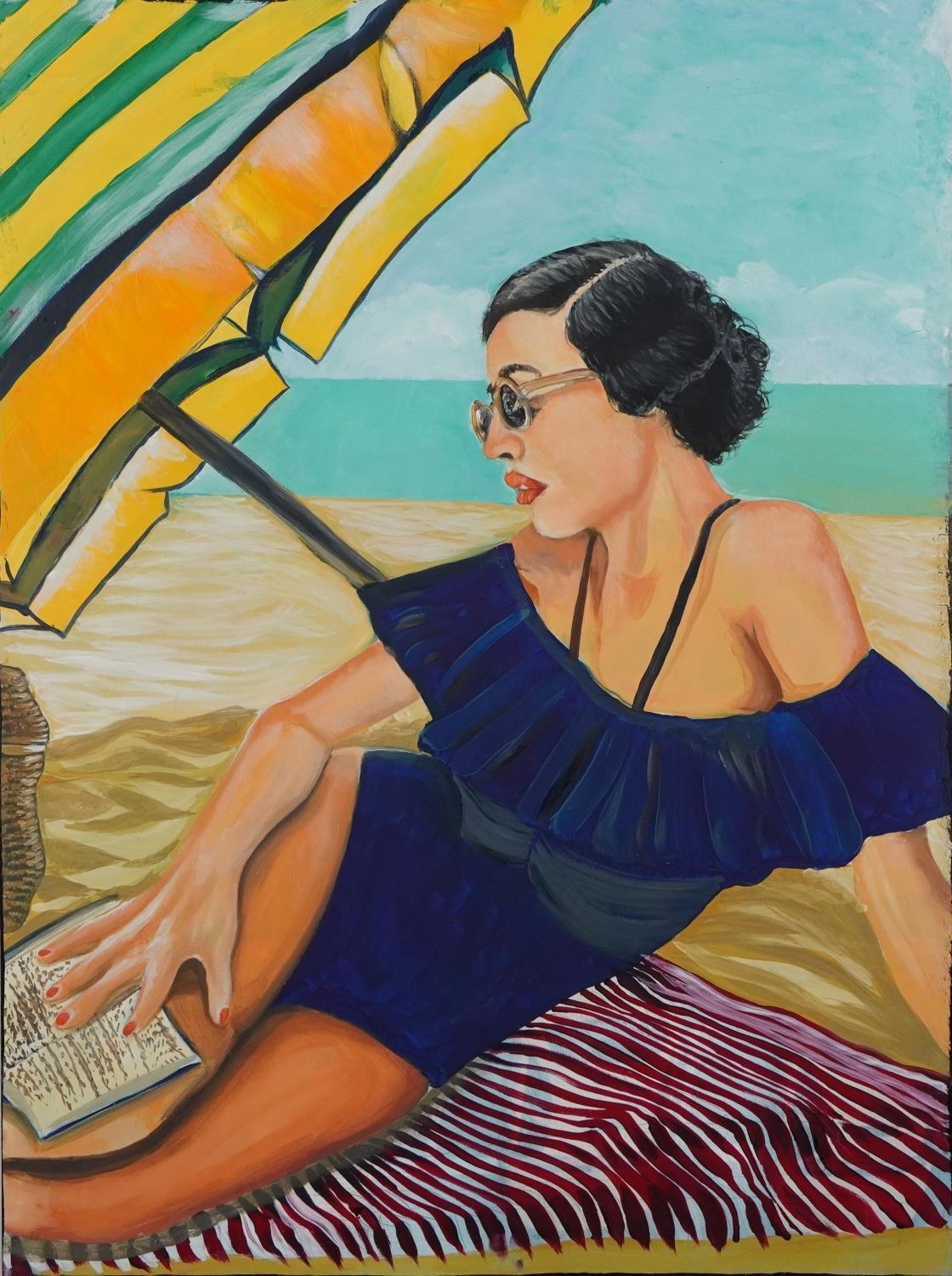 Clive Fredriksson Art Deco female sunbathing beneath and umbrella