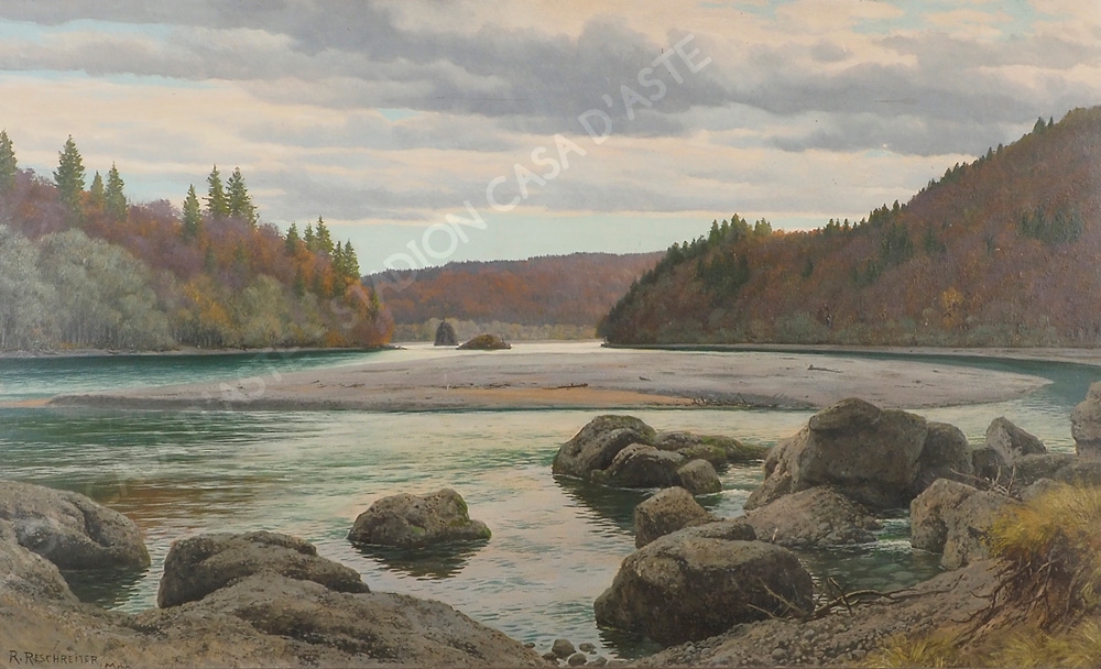 Artwork by Rudolf Reschreiter, Isartal bei Bayerbrunn, Made of oil on cardboard