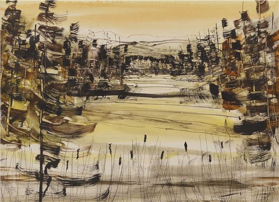 Paysage Encre et aquarelle, signée au dos Paul-Émile Genest Dimension: 12'' x 16'' 30.5 x 40.6 cm ------------- Genest, Paul-Émile by Paul-Émile Genest