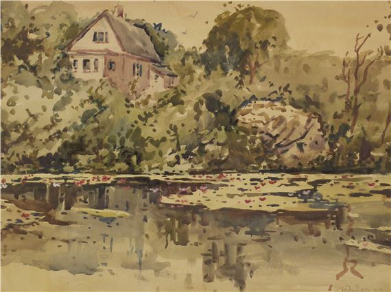 Maison au bord de l'eau Aquarelle sur papier, signée en bas à droite M Domingue SCA Dimension: 11 1/2" x 15 1/2" 29 x 39 cm ------------- Domingue, Maurice by Maurice Domingue