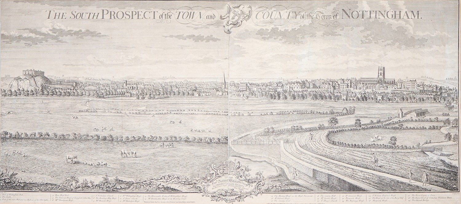 Artwork by Thomas Sandby, Isaac Basire, The South Prospect of the Town and County of the Town of Nottingham,, Made of engraving, mounted