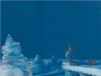 A dreamlike blue landscape featuring a twisted tree, a flaming urn, and a soaring bird.