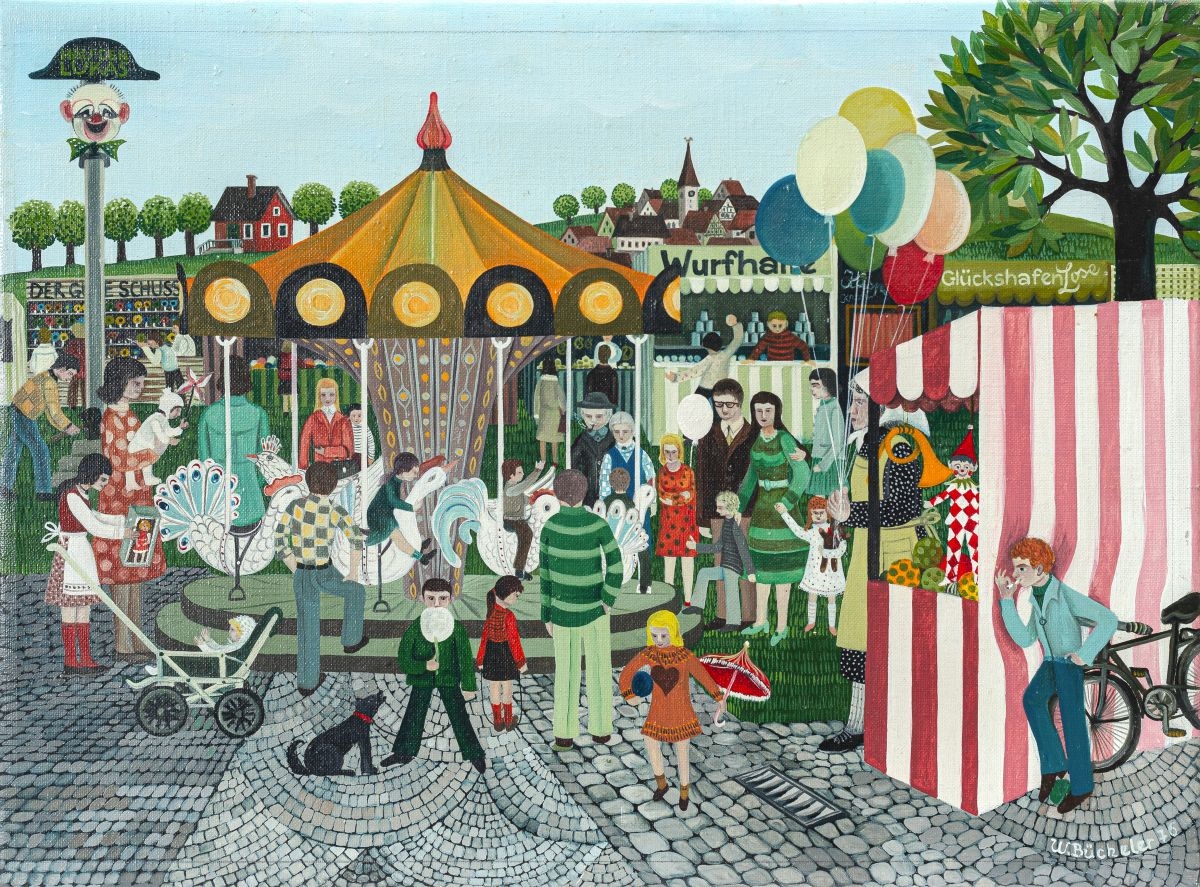 Artwork by Waltraud Bücheler, Fairground, 1976. Oil on canvas. Signed and dated., Made of Oil on canvas