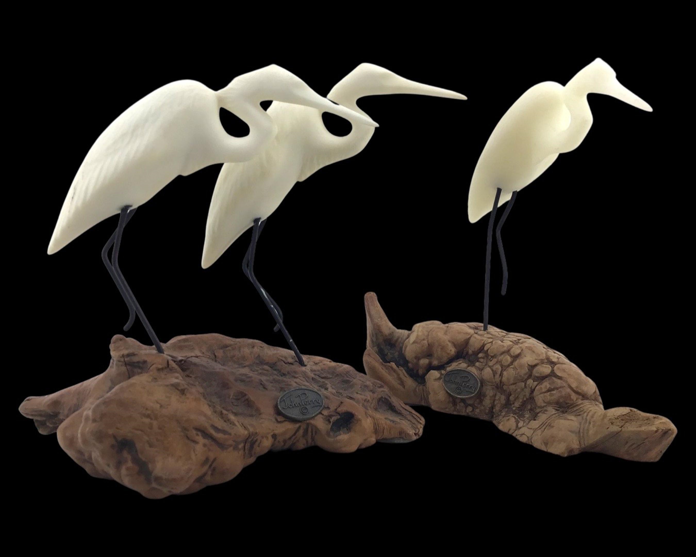 John Perry | Vintage John Perry Resin on Burl Egrets | MutualArt