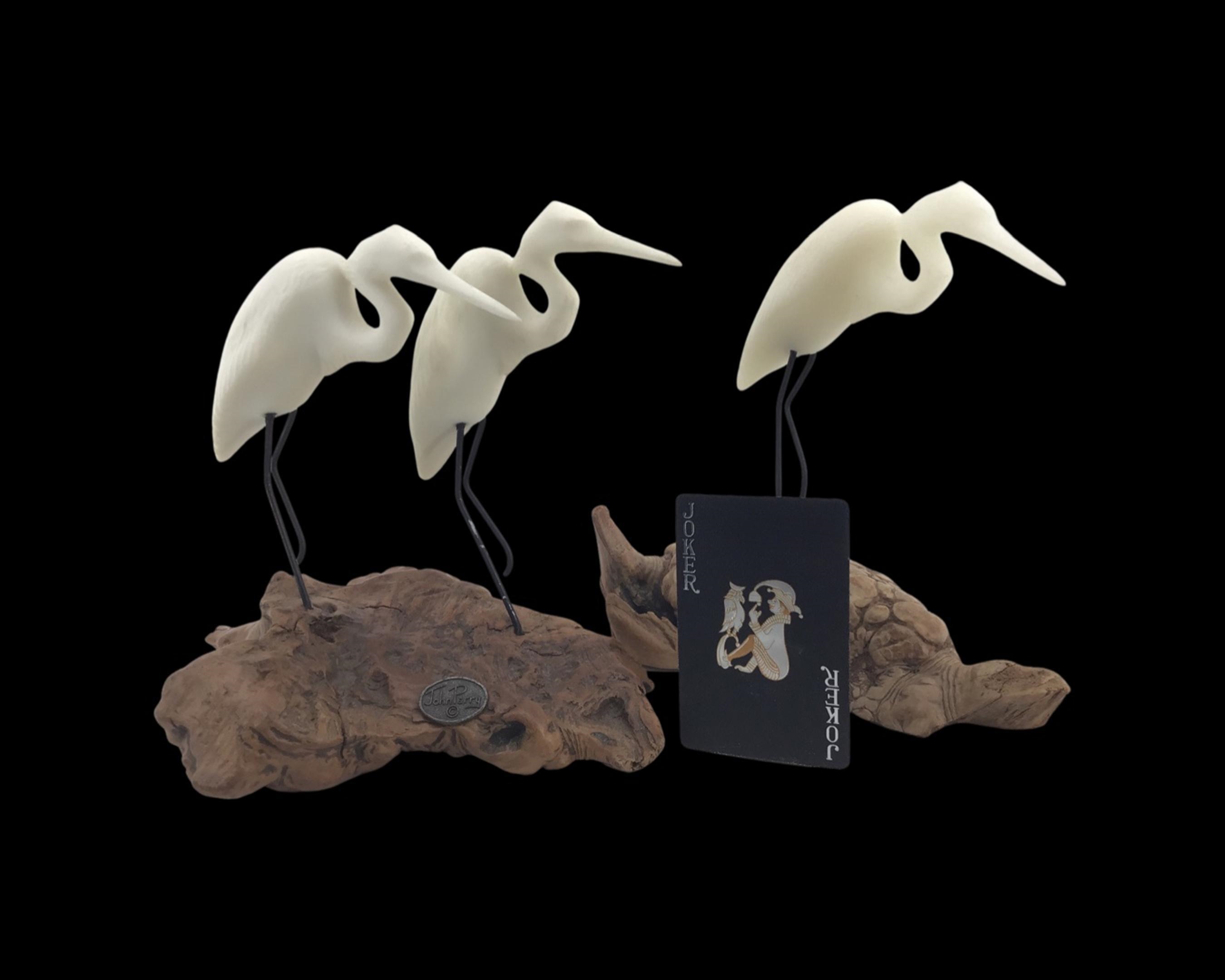 John Perry | Vintage John Perry Resin on Burl Egrets | MutualArt