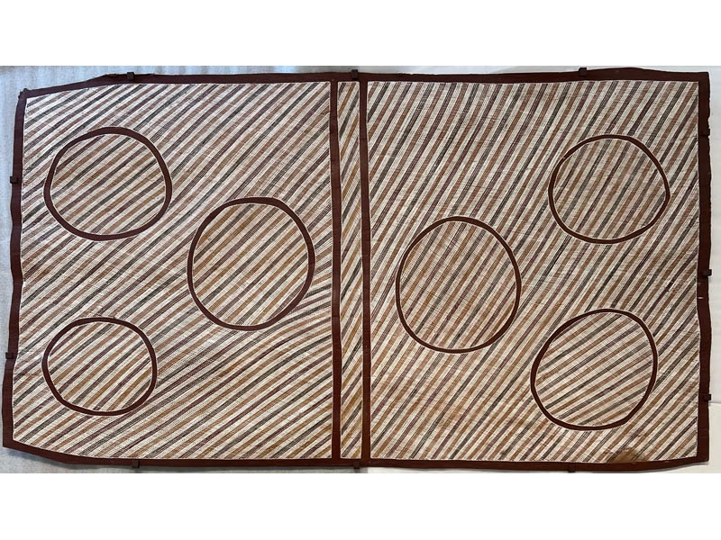 Artwork by Terry Ngamandarra, Six Clan Waterholes at Balpanarra, Made of Ochre pigments on stringybark (Eucalyptus Tetrodonta) Steel strap frame verso installed