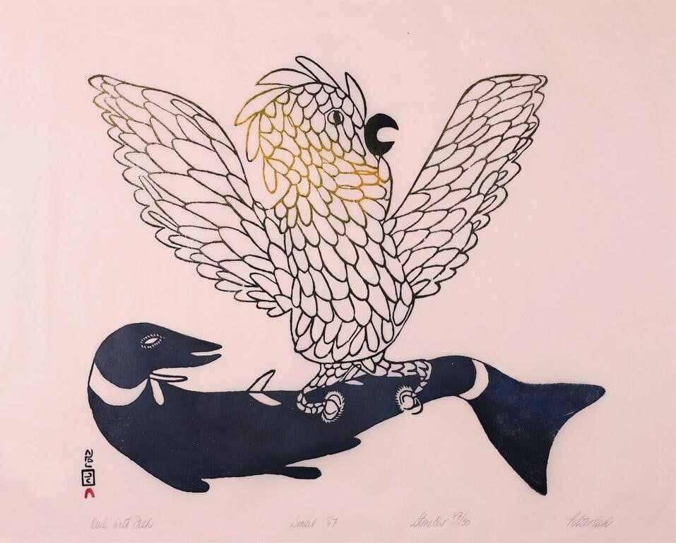 OWL WITH FISH; 1967 by Pitseolak Ashoona, 1967
