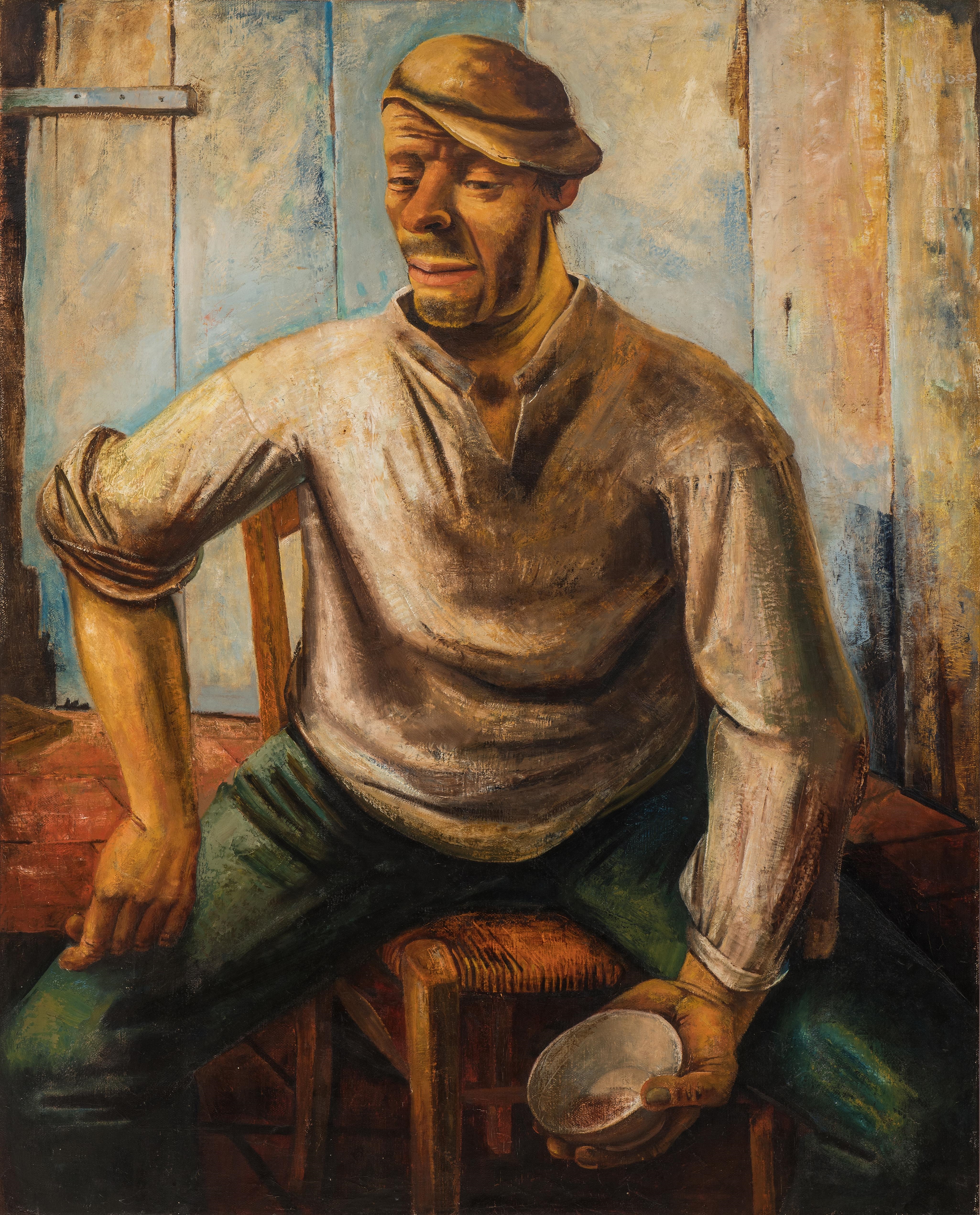 Rustende boer met kom [Resting farmer holding a cup] by Hendrik Chabot
