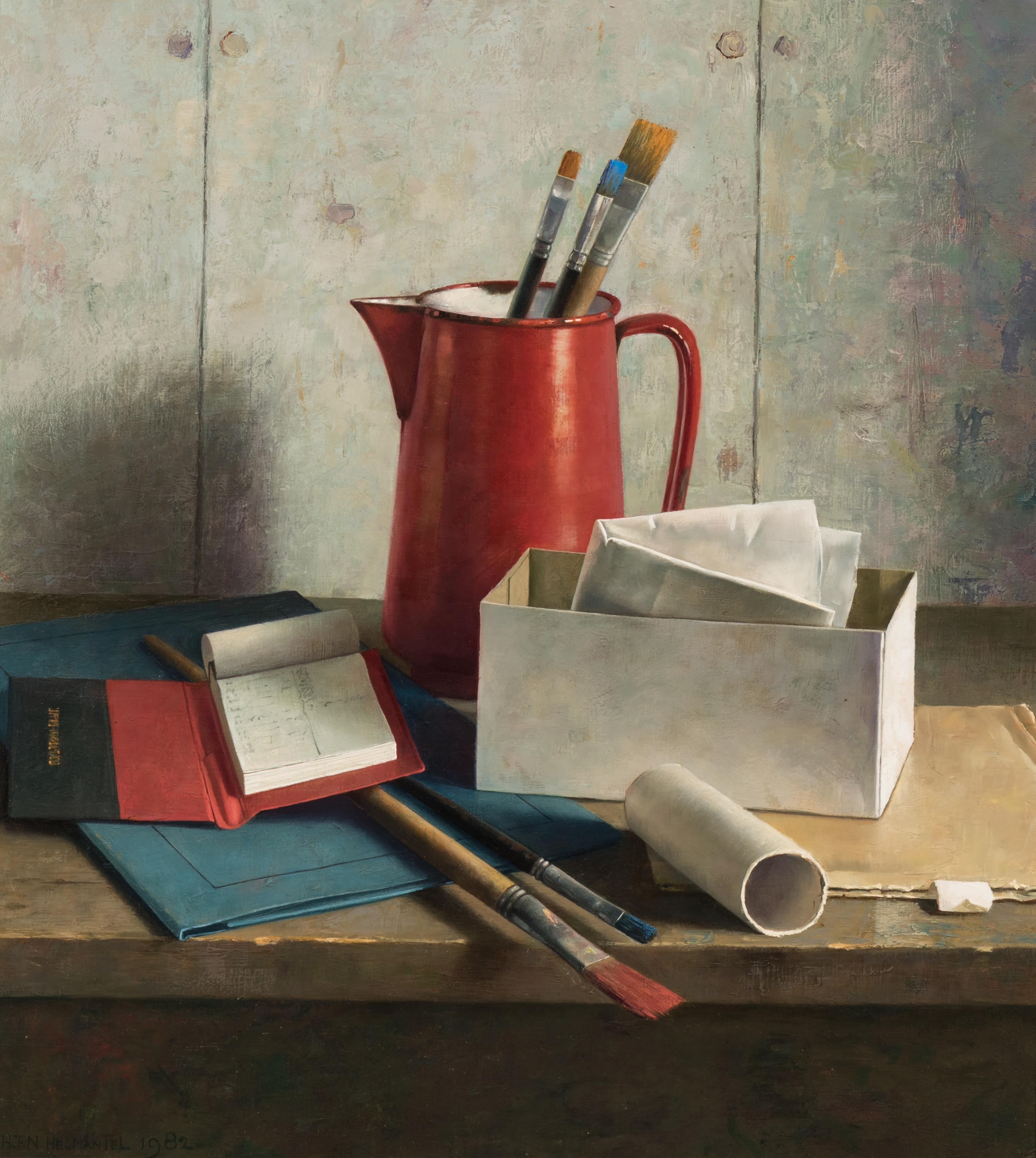 Stilleven met rode kan en penselen [Still life with red jug and brushes] by Henk Helmantel, 1982