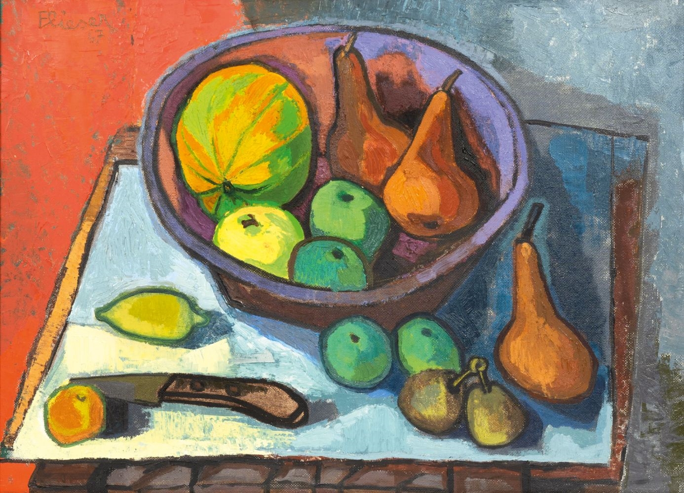 Artwork by Jeane Flieser, Still Life with Fruits, Made of Oil/fibre board