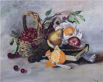 Still life with cherry basket and plate of fruit - G. Somers