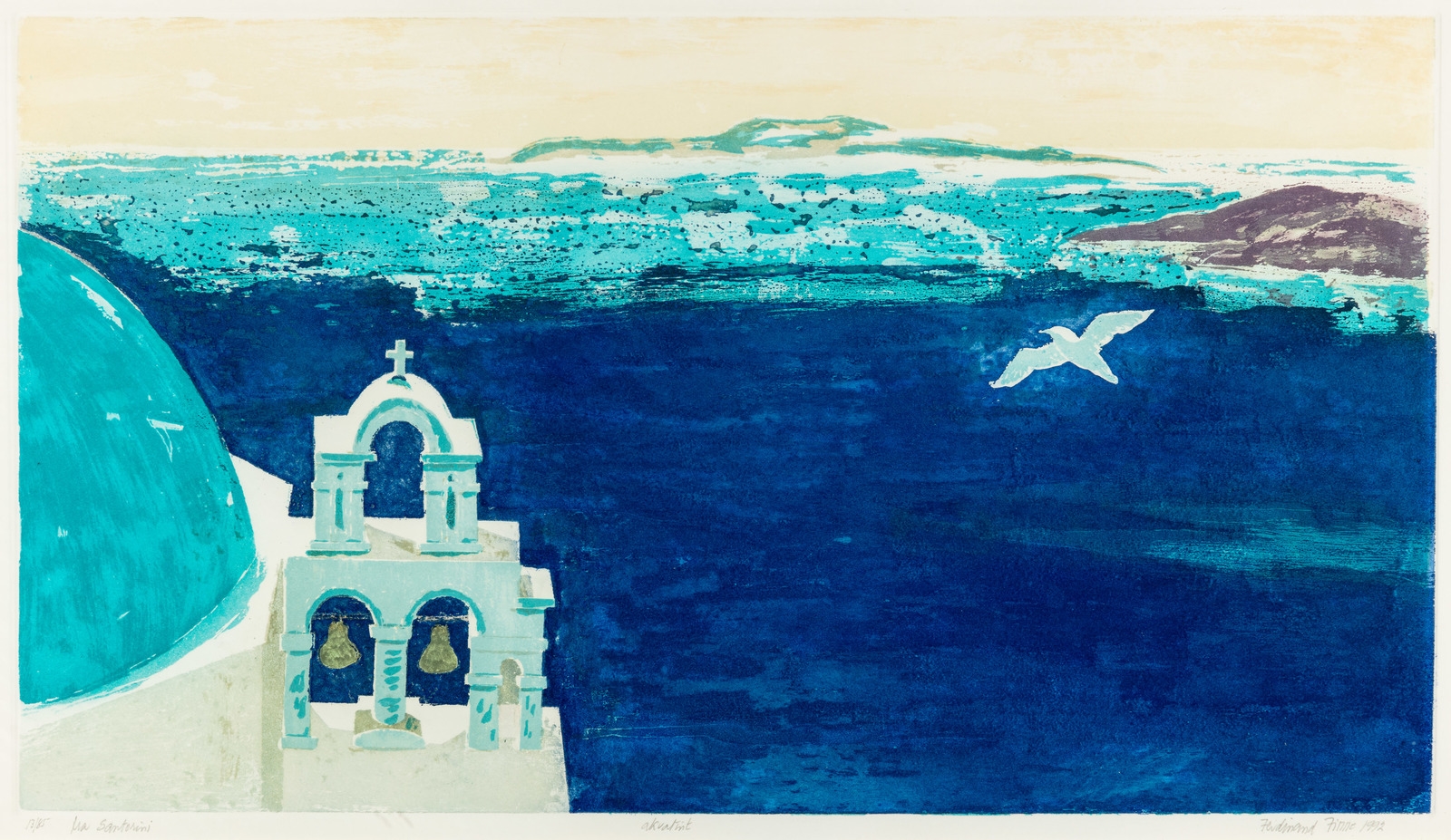 Artwork by Ferdinand Finne, "Fra Santorini", Made of Color aquatint