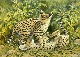RENA MARGARET FENNESSY (20th Century British) oil on canvas - two Serval kittens at play - Rena Fennessy