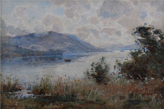 a view of Windermere with single boat by Alfred Heaton Cooper