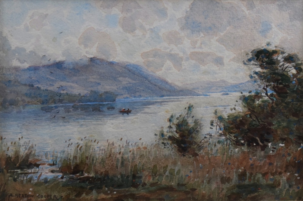 Artwork by Alfred Heaton Cooper, a view of Windermere with single boat, Made of watercolours