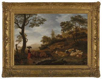 A wooded landscape with a drover and cattle at a pool, with a peasant woman milking a sheep, a town beyond - Jacob Gerritsz van Bemmel