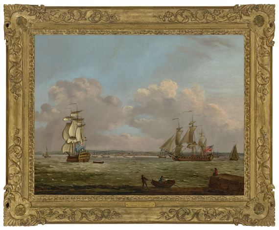 Men-o'war anchored in the Hamoaze, Plymouth docks and coastline beyond by Francis Swaine