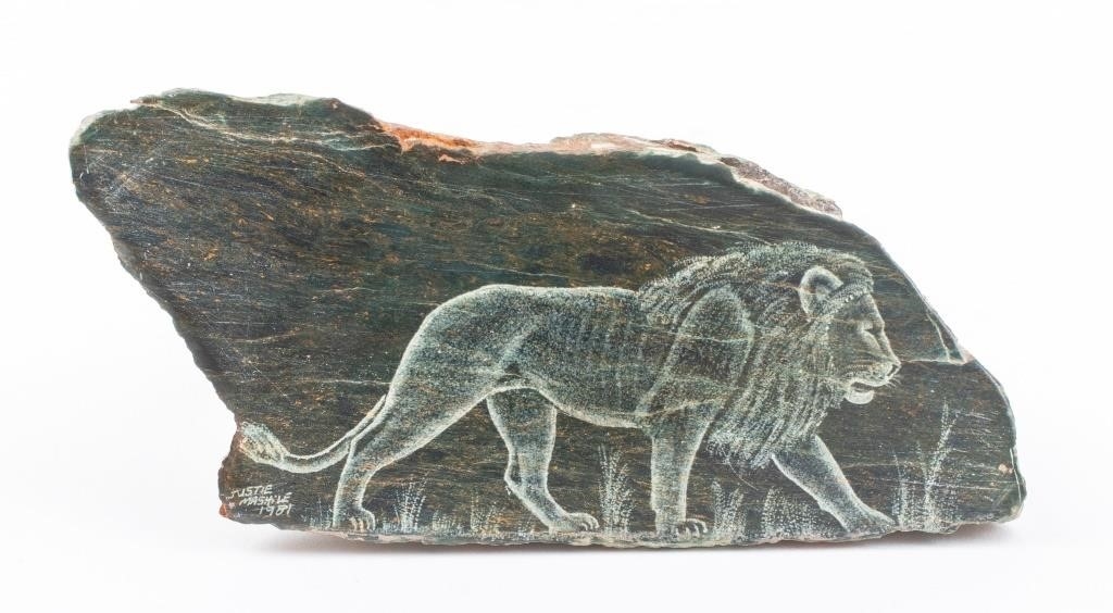 Artwork by Justie Mashile, Walking lioness, one with a lioness and cub, and the last with a lion, Made of green stone