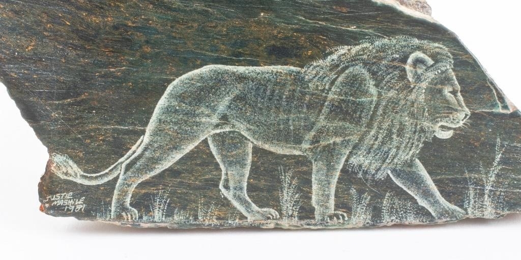 Artwork by Justie Mashile, Walking lioness, one with a lioness and cub, and the last with a lion, Made of green stone