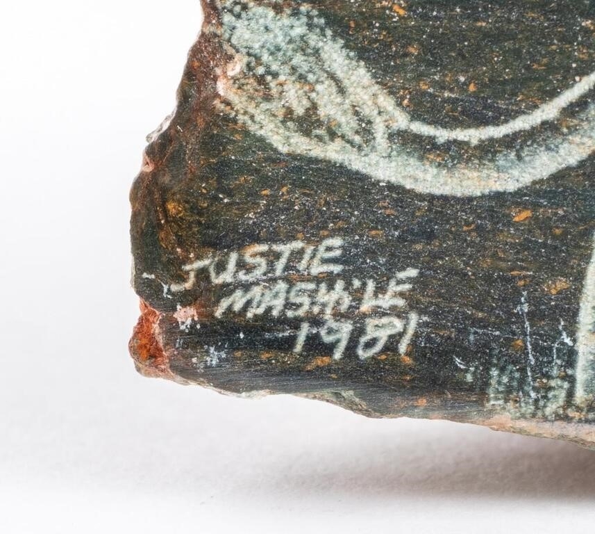 Artwork by Justie Mashile, Walking lioness, one with a lioness and cub, and the last with a lion, Made of green stone