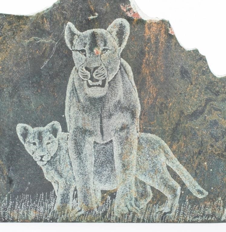 Artwork by Justie Mashile, Walking lioness, one with a lioness and cub, and the last with a lion, Made of green stone