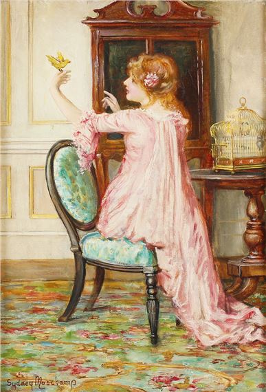 Francis Sydney Muschamp | Young Girl wearing a Pink Dress holding a Pet ...