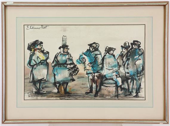 Figural scene with a few gentleman milling about by Etienne Ret