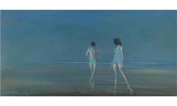 Boy and Girl on Beach - Blue Sky by Robert R. Bliss, 1961
