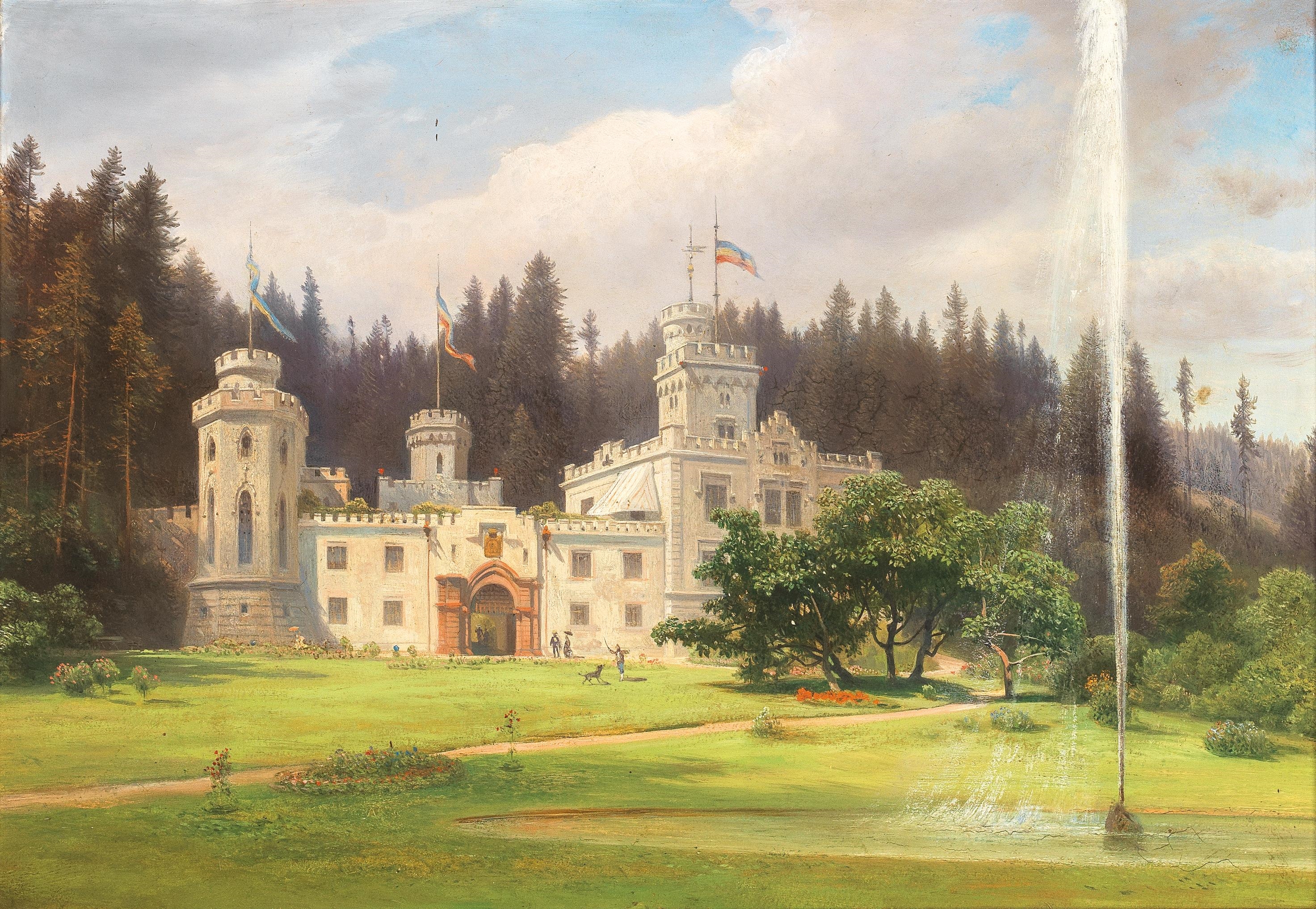 Artwork by Ignaz Preisegger, Hofansicht des Schlosses Stübing und Ansicht des gräflichen Palffy Daunschen Schlosses in Stübing 1860/64 [Courtyard View of Stübing Castle and View of Count Palffy Daun's Castle in Stübing 1860/64], Made of oil on canvas