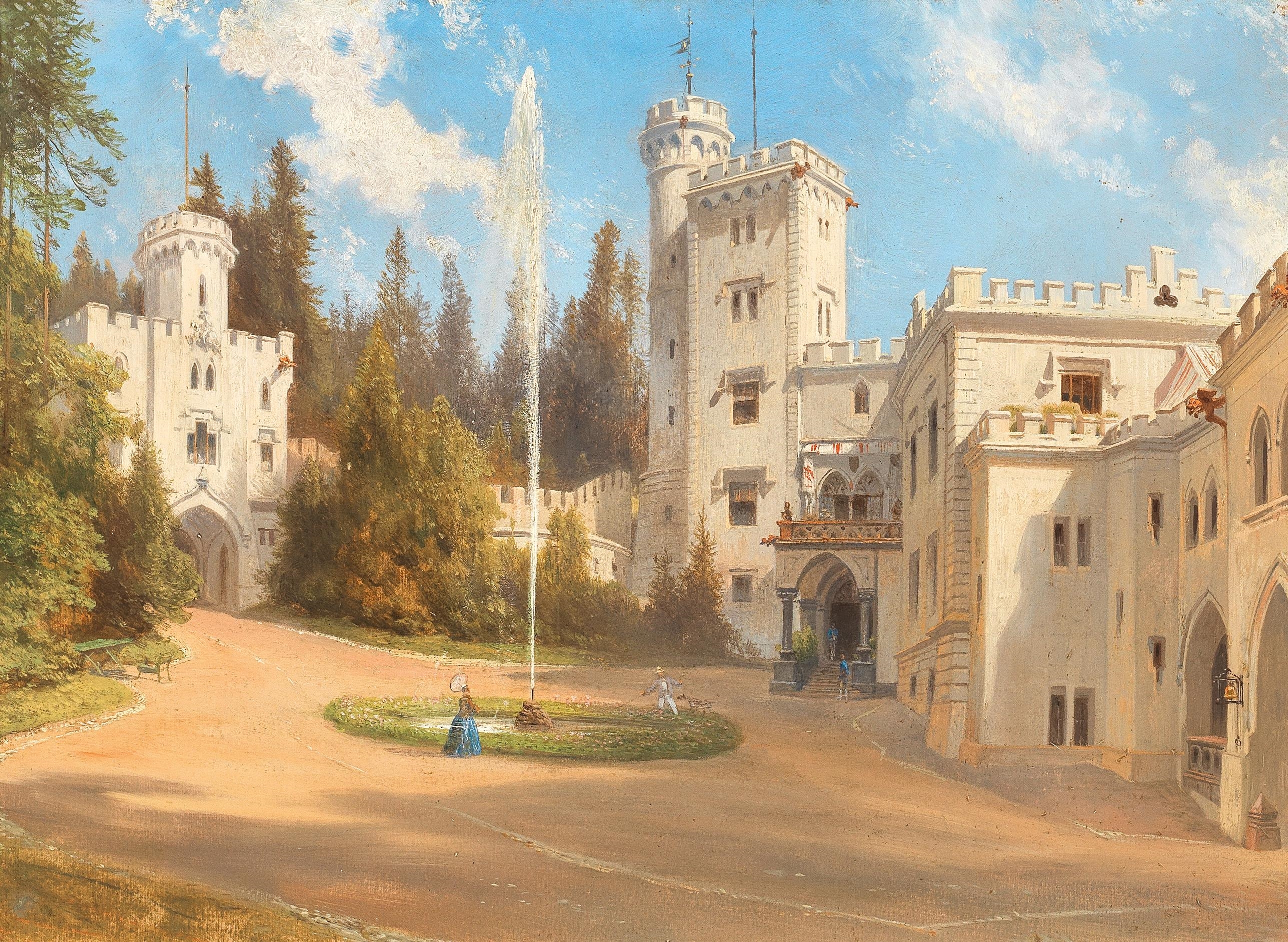Artwork by Ignaz Preisegger, Hofansicht des Schlosses Stübing und Ansicht des gräflichen Palffy Daunschen Schlosses in Stübing 1860/64 [Courtyard View of Stübing Castle and View of Count Palffy Daun's Castle in Stübing 1860/64], Made of oil on canvas