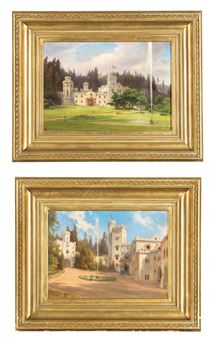 Hofansicht des Schlosses Stübing und Ansicht des gräflichen Palffy Daunschen Schlosses in Stübing 1860/64 [Courtyard View of Stübing Castle and View of Count Palffy Daun's Castle in Stübing 1860/64] - Ignaz Preisegger