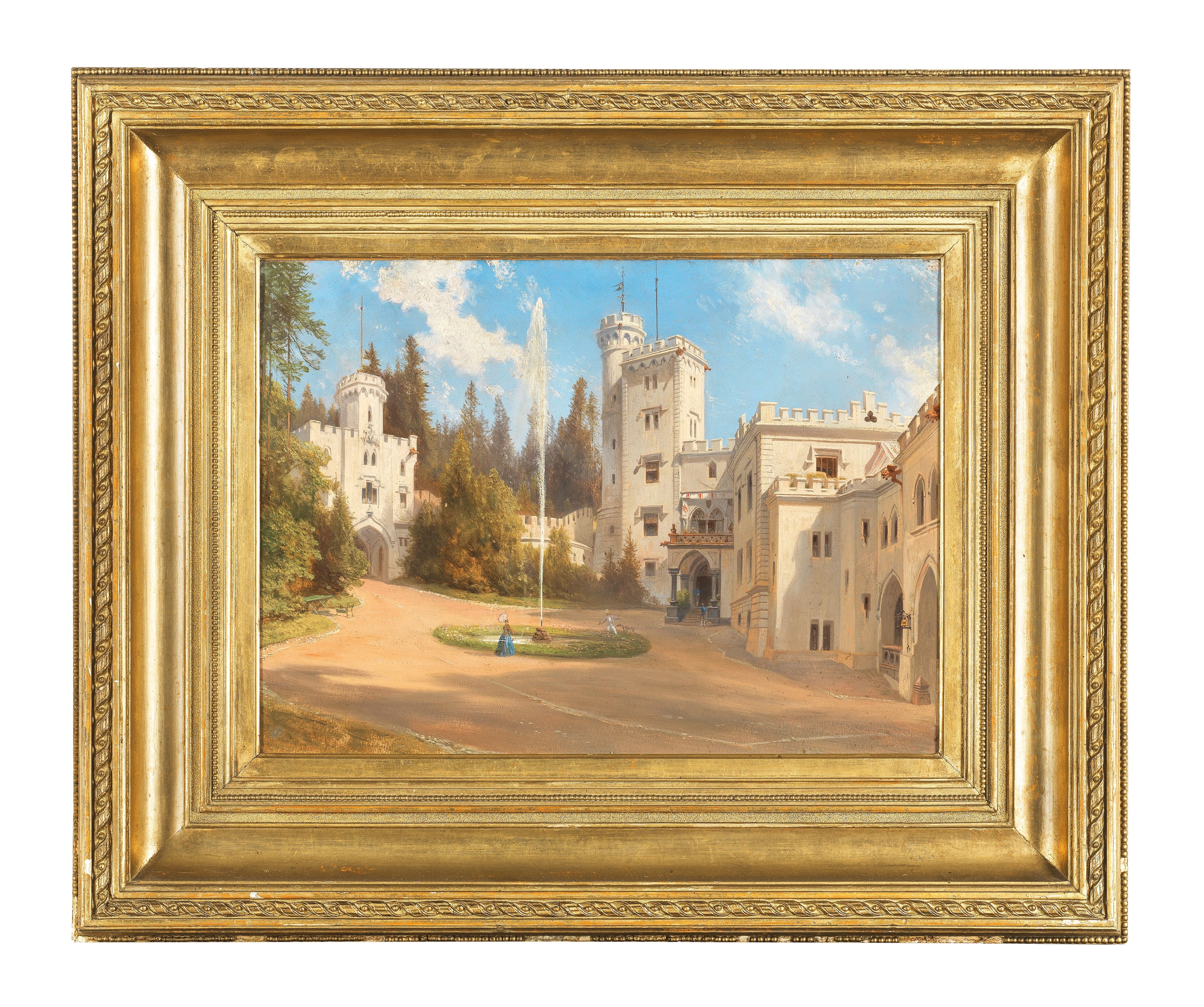 Artwork by Ignaz Preisegger, Hofansicht des Schlosses Stübing und Ansicht des gräflichen Palffy Daunschen Schlosses in Stübing 1860/64 [Courtyard View of Stübing Castle and View of Count Palffy Daun's Castle in Stübing 1860/64], Made of oil on canvas