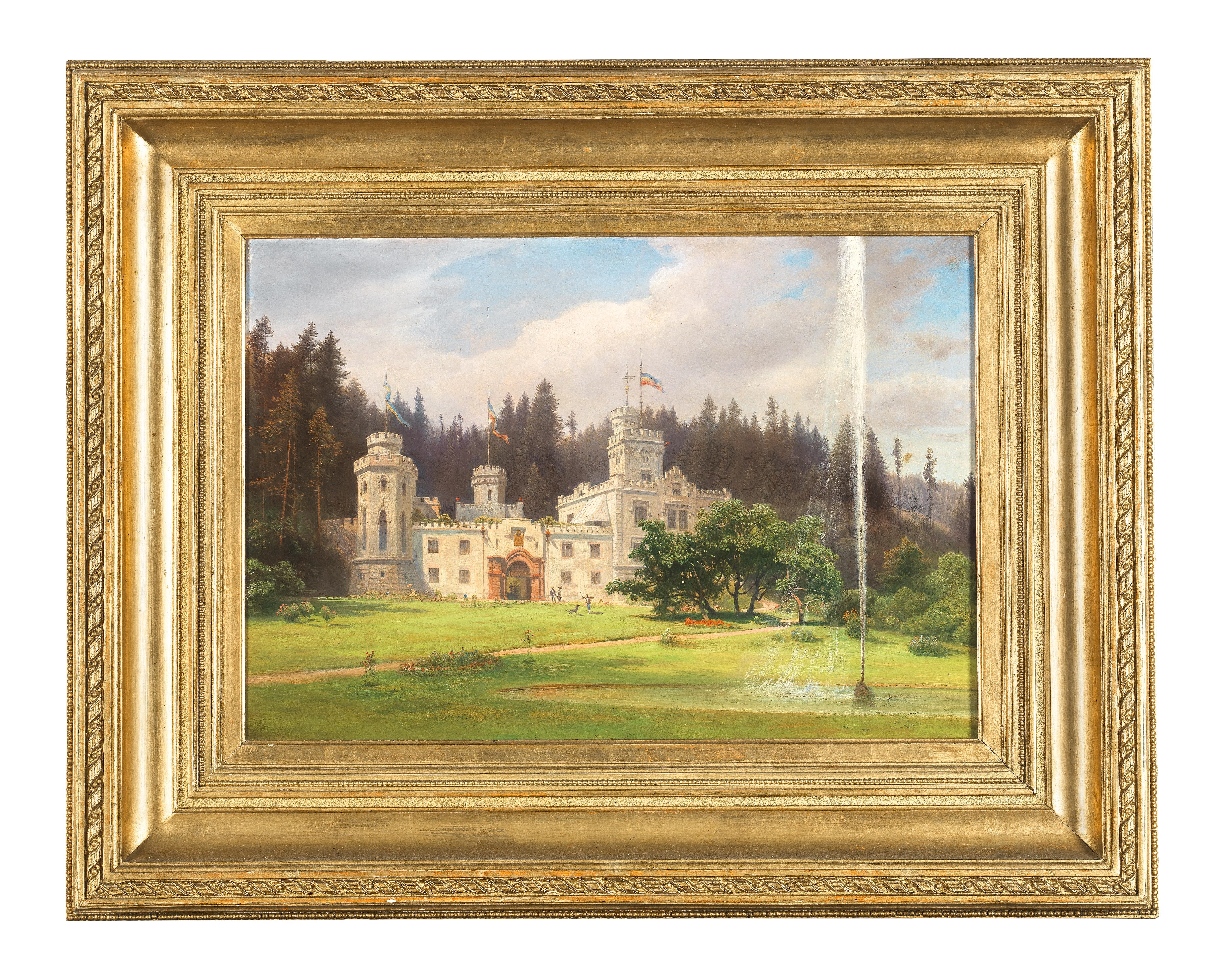 Artwork by Ignaz Preisegger, Hofansicht des Schlosses Stübing und Ansicht des gräflichen Palffy Daunschen Schlosses in Stübing 1860/64 [Courtyard View of Stübing Castle and View of Count Palffy Daun's Castle in Stübing 1860/64], Made of oil on canvas