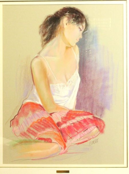Artwork by Salvador González Olmedo, . "Young Woman with a Bouquet of Flowers" and "Young Woman with a Pink Skirt", Made of pastel drawings on paper