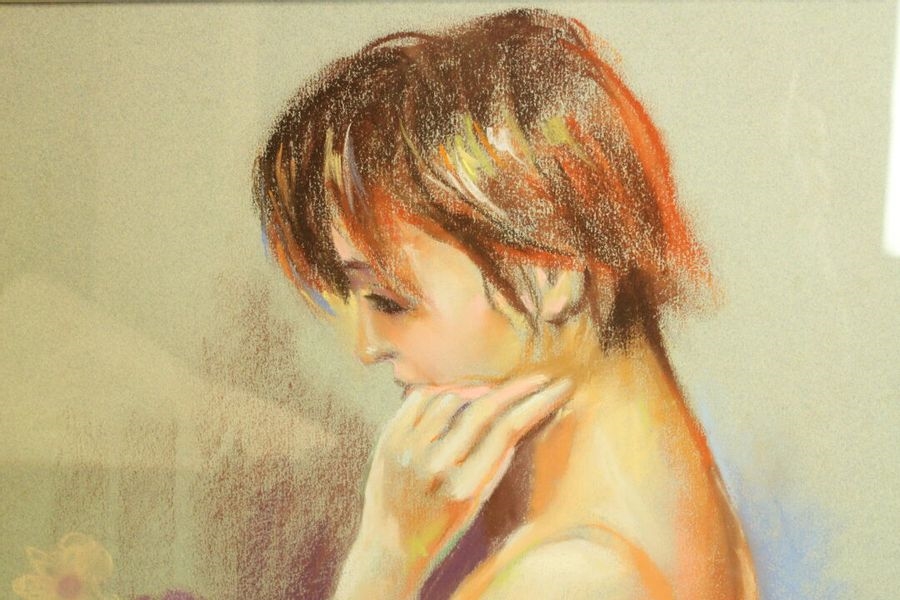 Artwork by Salvador González Olmedo, . "Young Woman with a Bouquet of Flowers" and "Young Woman with a Pink Skirt", Made of pastel drawings on paper