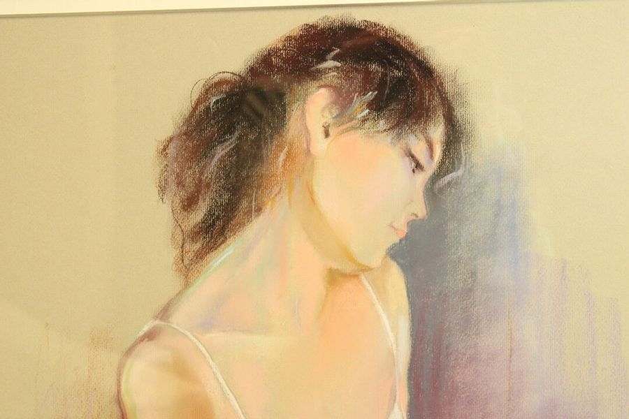 Artwork by Salvador González Olmedo, . "Young Woman with a Bouquet of Flowers" and "Young Woman with a Pink Skirt", Made of pastel drawings on paper