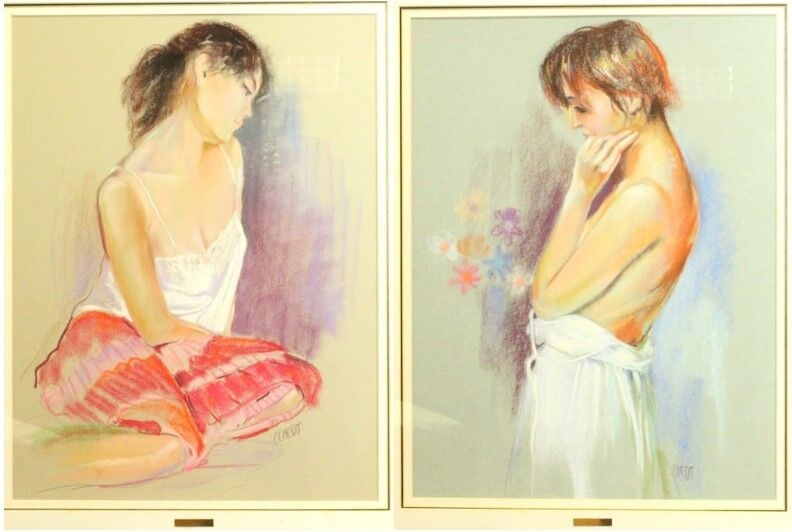 Artwork by Salvador González Olmedo, . "Young Woman with a Bouquet of Flowers" and "Young Woman with a Pink Skirt", Made of pastel drawings on paper
