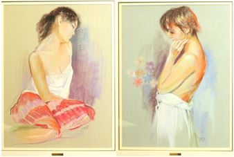 . "Young Woman with a Bouquet of Flowers" and "Young Woman with a Pink Skirt" - Salvador González Olmedo