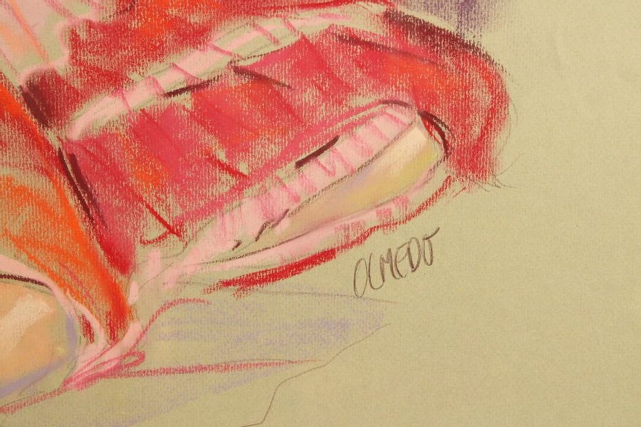 Artwork by Salvador González Olmedo, . "Young Woman with a Bouquet of Flowers" and "Young Woman with a Pink Skirt", Made of pastel drawings on paper