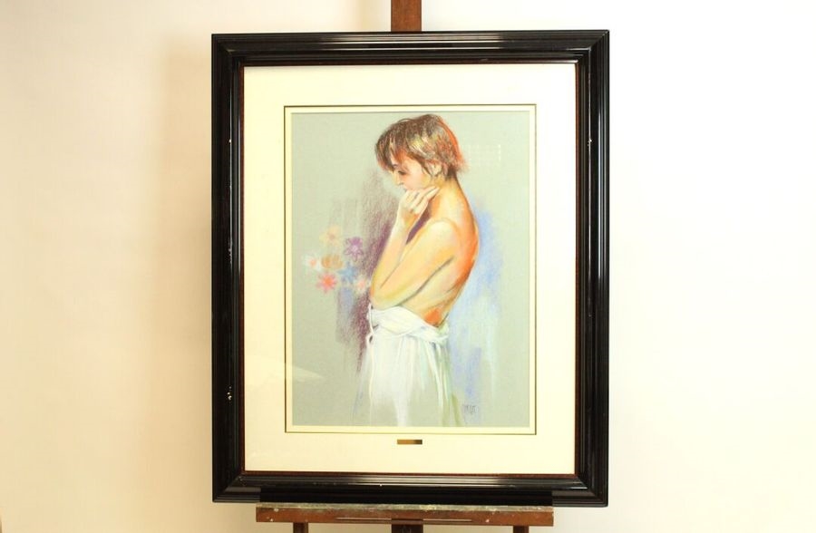 Artwork by Salvador González Olmedo, . "Young Woman with a Bouquet of Flowers" and "Young Woman with a Pink Skirt", Made of pastel drawings on paper