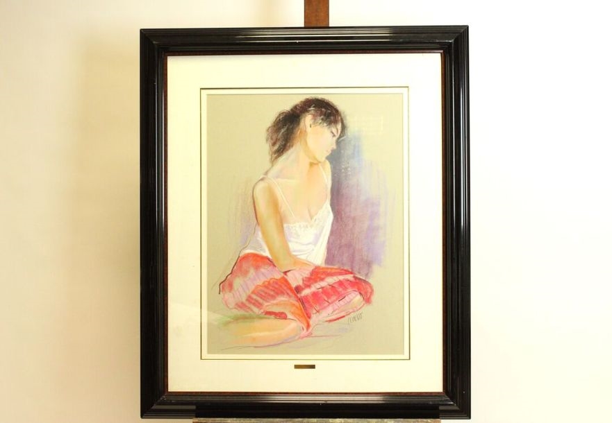 Artwork by Salvador González Olmedo, . "Young Woman with a Bouquet of Flowers" and "Young Woman with a Pink Skirt", Made of pastel drawings on paper