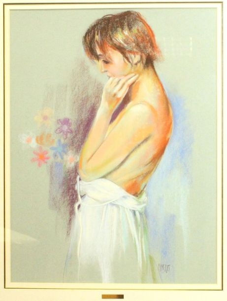 Artwork by Salvador González Olmedo, . "Young Woman with a Bouquet of Flowers" and "Young Woman with a Pink Skirt", Made of pastel drawings on paper
