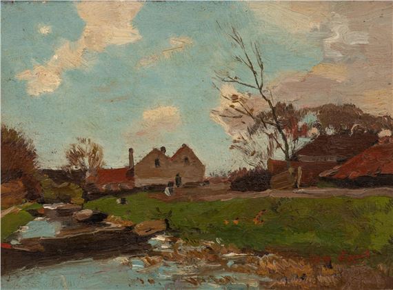 Sluice with houses in the distance. by Wilhelmus Hendrikus Petrus Johannes de Zwart