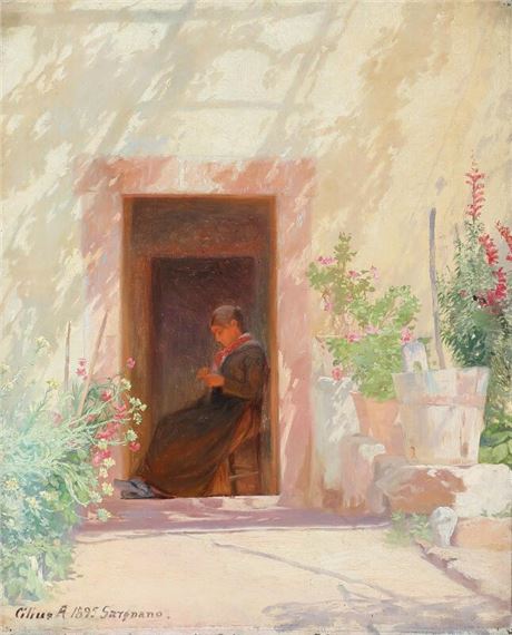 An sunny Italian courtyard with a woman sitting in a doorway by Cilius Andersen, 1895