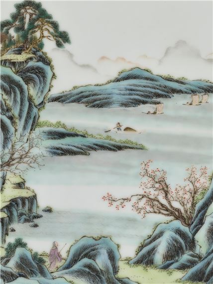 19世紀　清朝？中華民国？　年代もの　粉彩　扇形　プレート Chinese School, 19th Century | 清末民初粉彩《山水》瓷板| MutualArt