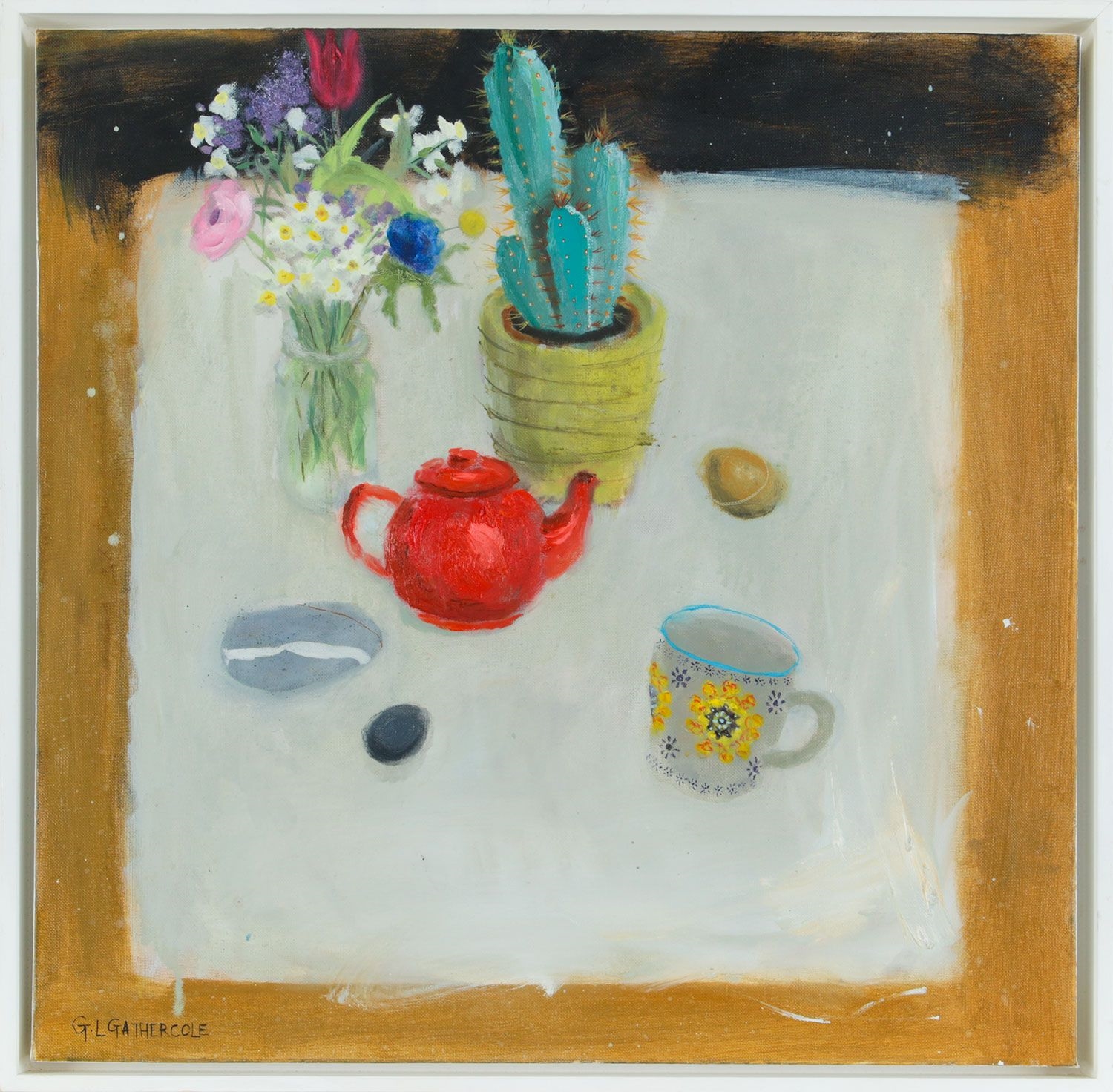 Artwork by Jim Gathercole, STILL LIFE, RED TEAPOT AND CACTUS, Made of OIL ON CANVAS